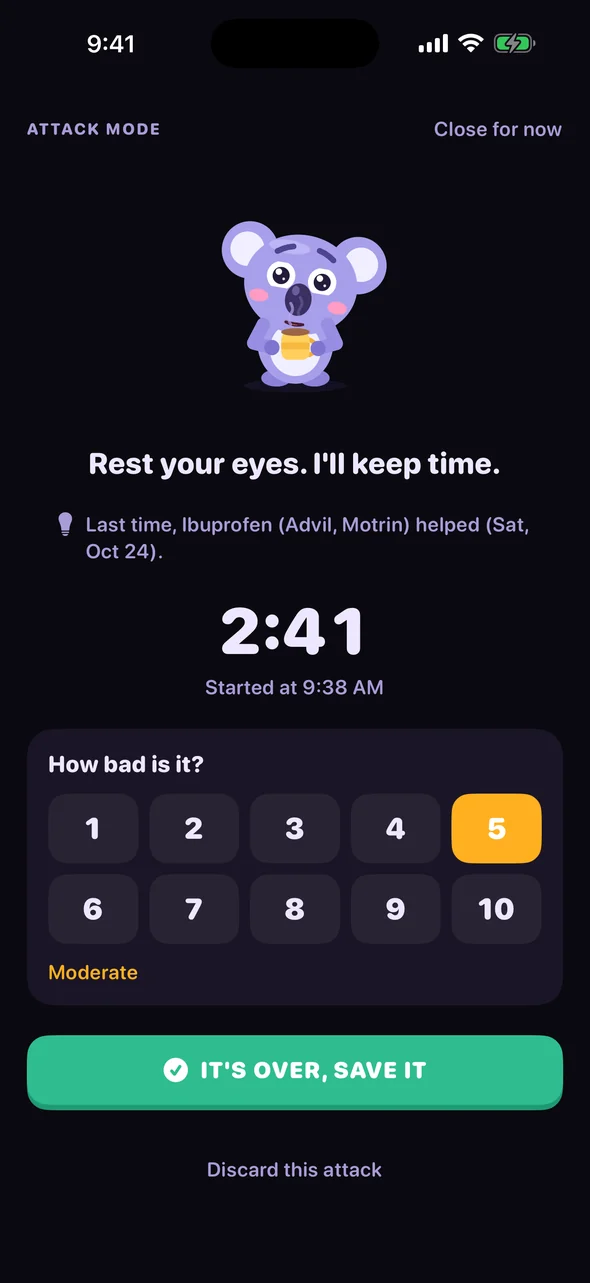 Headache Pal attack mode: a dark screen with a timer and a pain scale