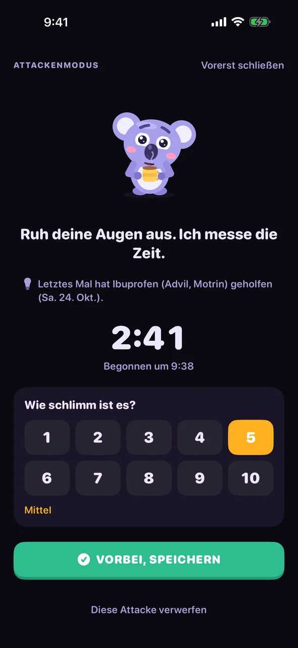 Headache Pal Attackenmodus: ein dunkler Bildschirm mit Timer und Schmerzskala