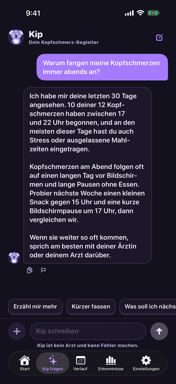 Chat mit Kip darüber, warum Kopfschmerzen abends beginnen