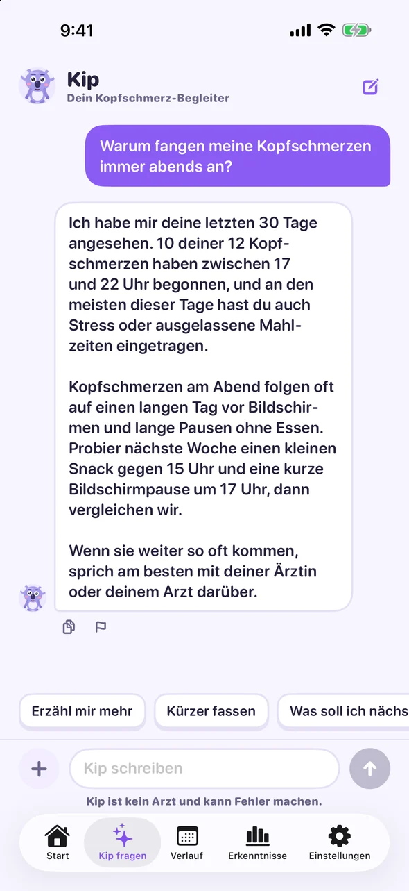 Chat mit Kip darüber, warum Kopfschmerzen abends beginnen