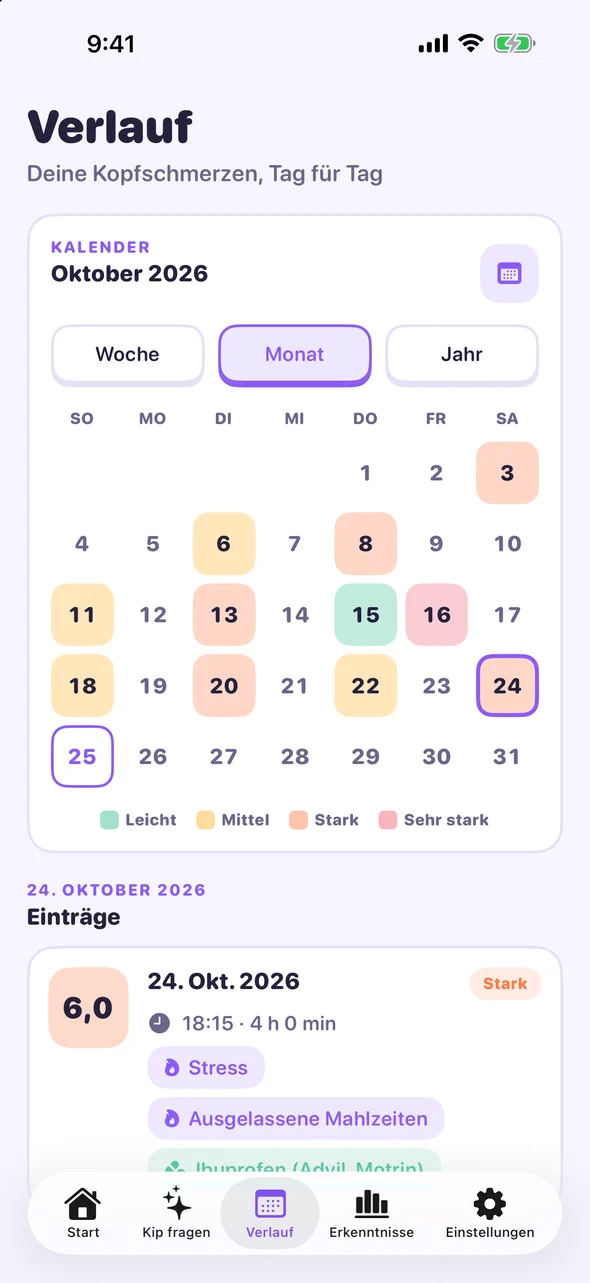 Headache Pal Verlaufskalender mit nach Stärke markierten Kopfschmerztagen