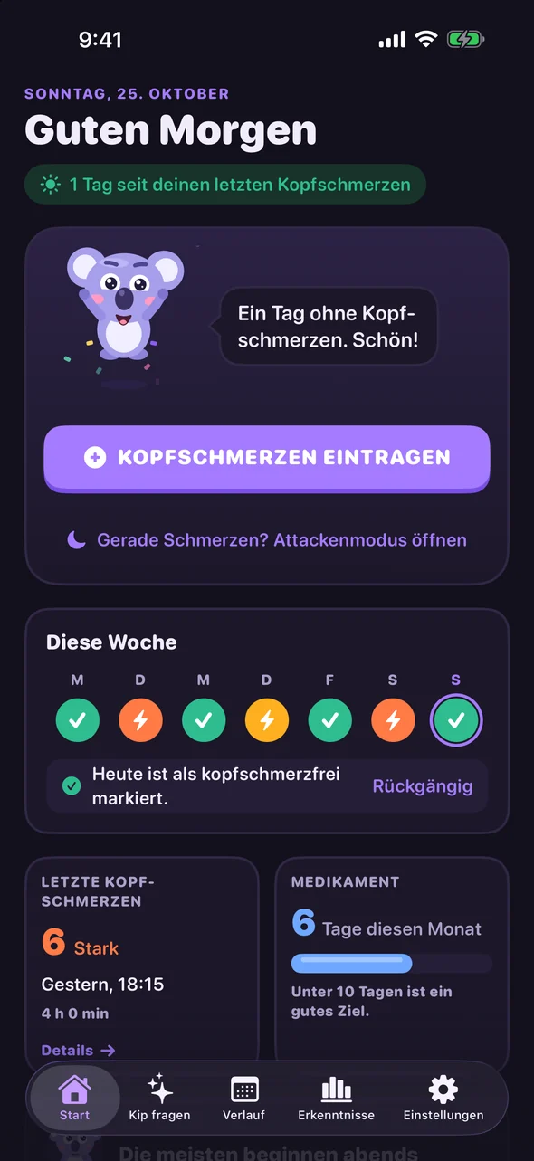 Headache Pal Startbildschirm mit der Schaltfläche Kopfschmerzen eintragen und den Check-ins dieser Woche