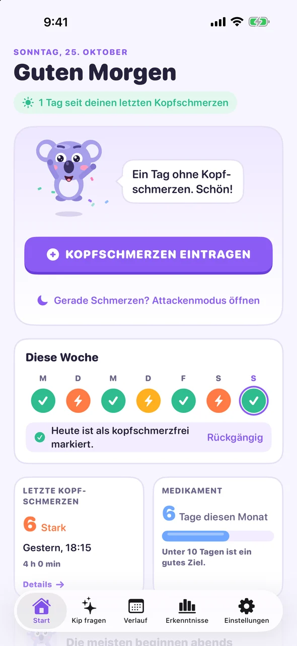 Headache Pal Startbildschirm mit der Schaltfläche Kopfschmerzen eintragen und den Check-ins dieser Woche