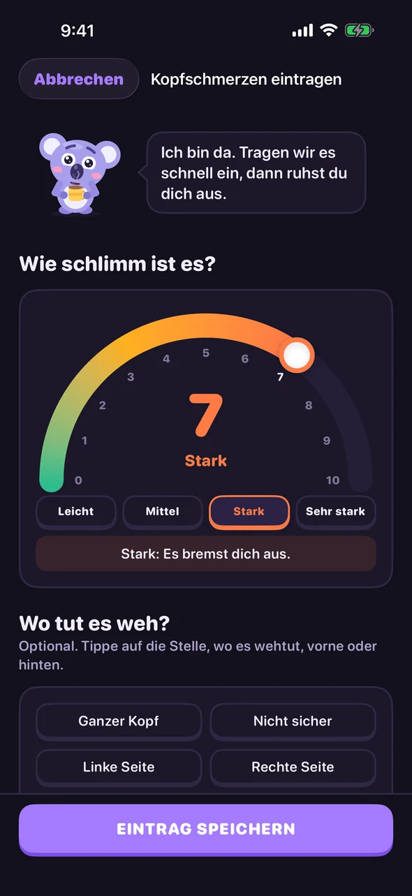 Headache Pal Eintragen-Bildschirm mit Schmerzregler auf 7, Stark