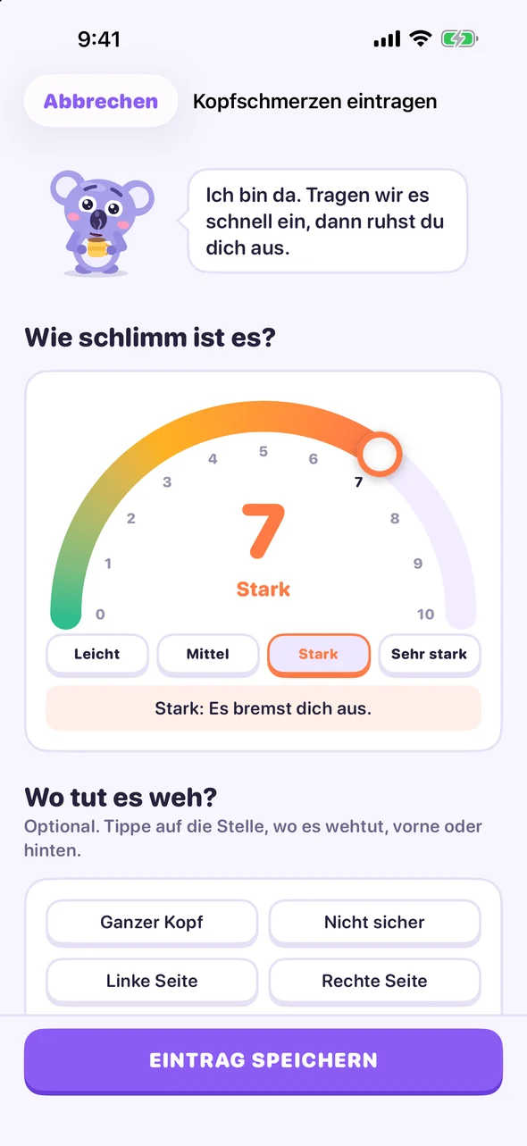 Headache Pal Eintragen-Bildschirm mit Schmerzregler auf 7, Stark