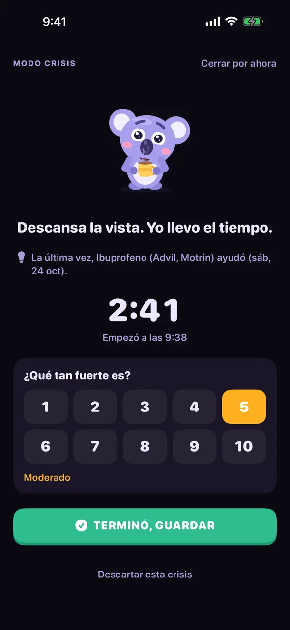 Modo crisis de Headache Pal: una pantalla oscura con un temporizador y una escala de dolor