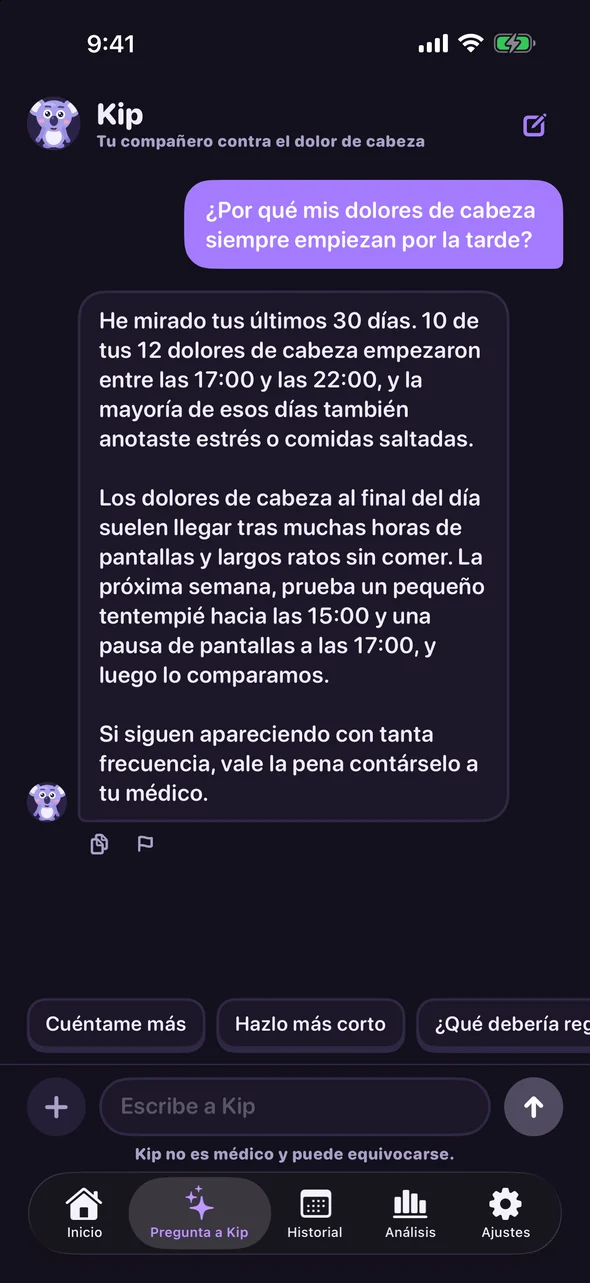 Chat con Kip sobre por qué los dolores de cabeza empiezan por la tarde