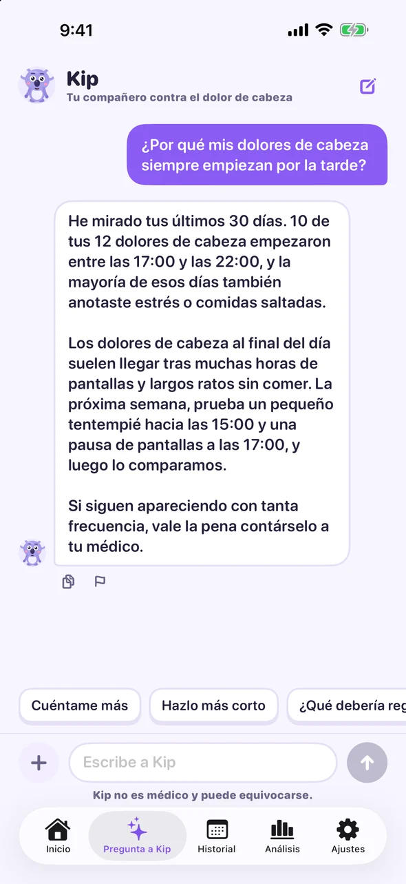 Chat con Kip sobre por qué los dolores de cabeza empiezan por la tarde