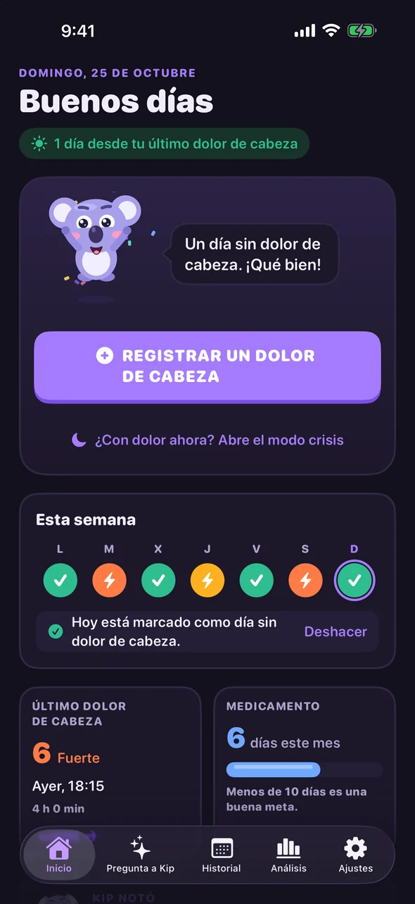 Pantalla de inicio de Headache Pal con un botón Registrar un dolor de cabeza y los registros de esta semana