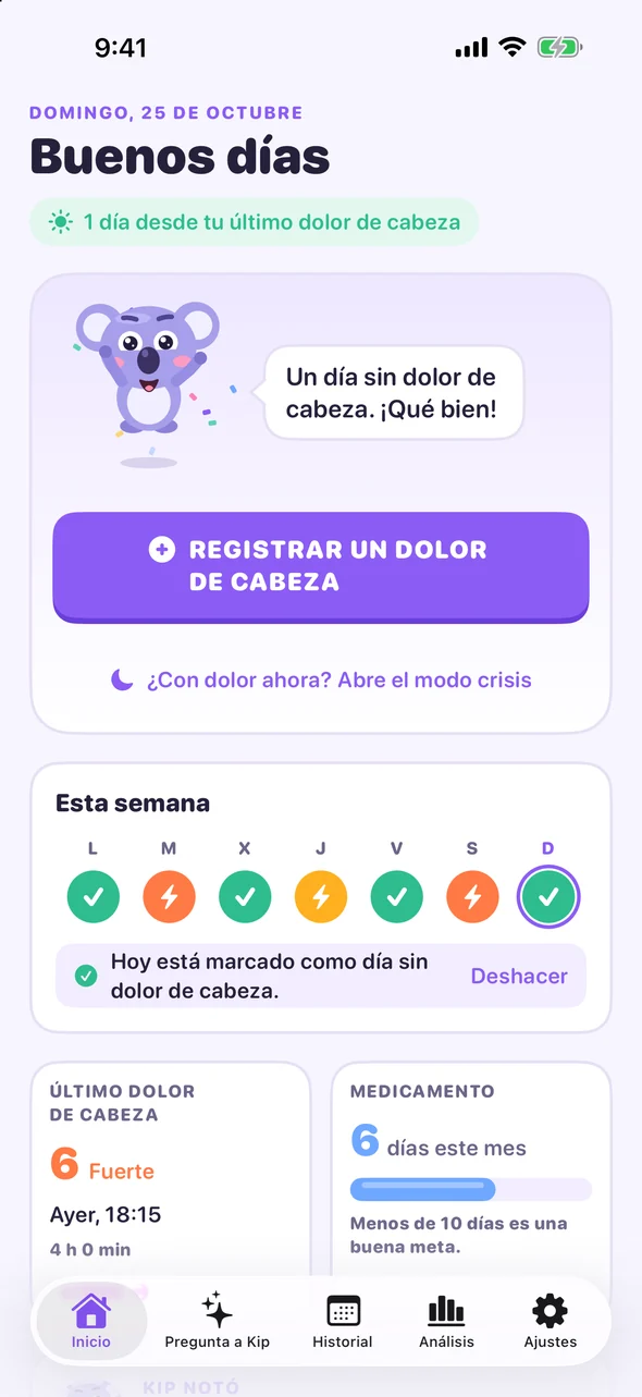Pantalla de inicio de Headache Pal con un botón Registrar un dolor de cabeza y los registros de esta semana