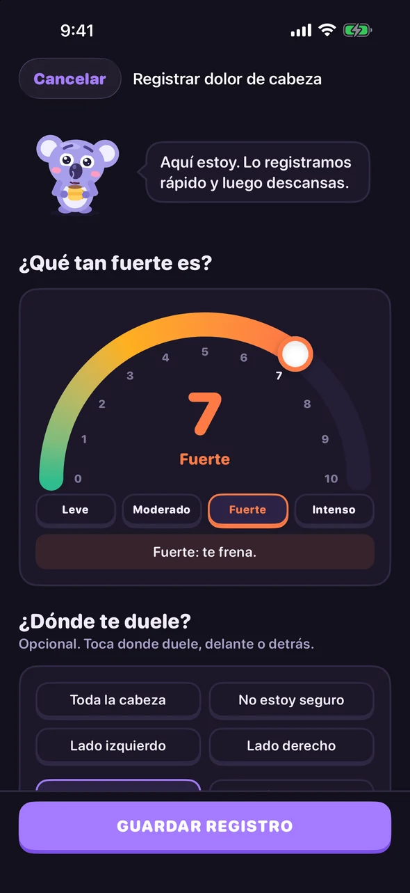 Pantalla de registro de Headache Pal con el dial de dolor en 7, Fuerte