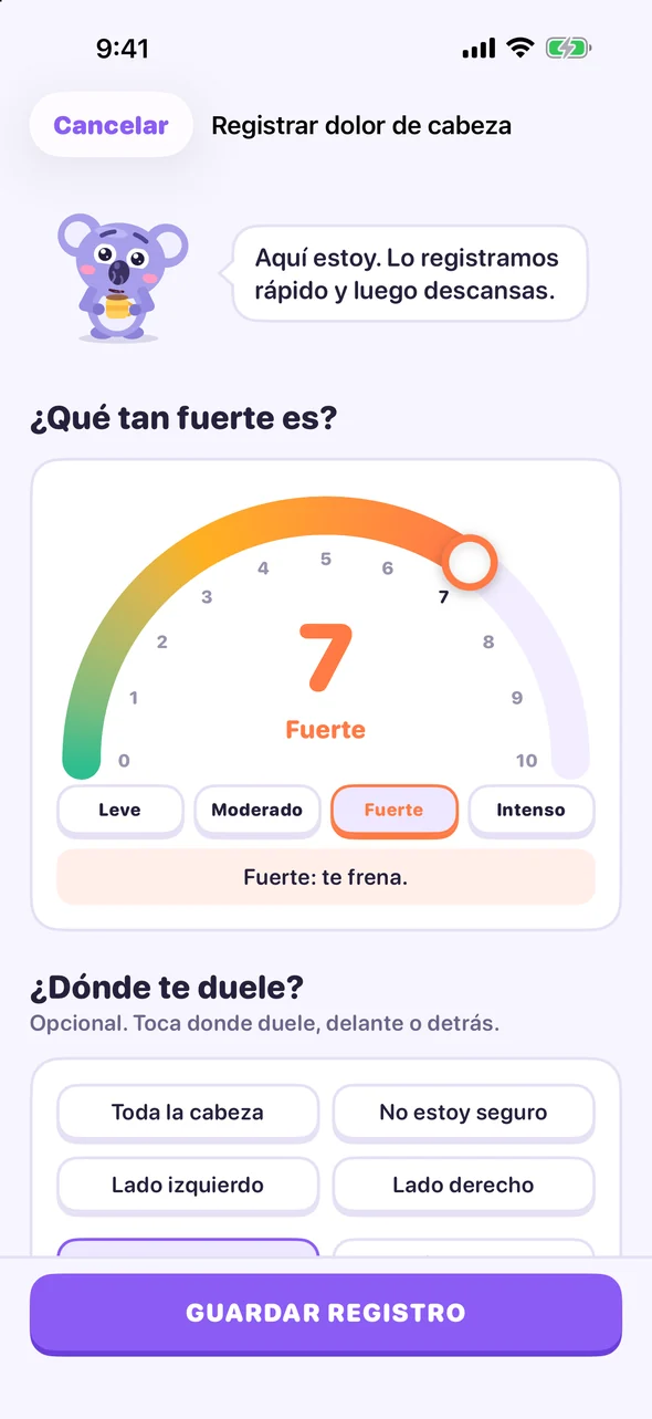 Pantalla de registro de Headache Pal con el dial de dolor en 7, Fuerte
