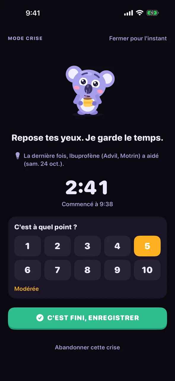 Mode crise de Headache Pal : un écran sombre avec un minuteur et une échelle de douleur
