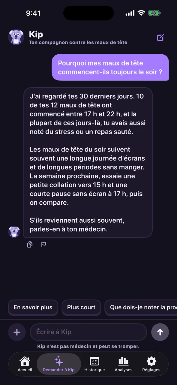 Discussion avec Kip pour savoir pourquoi les maux de tête arrivent le soir