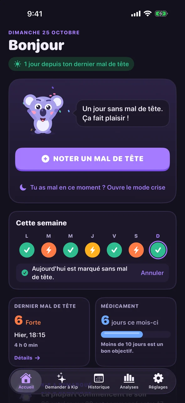 Écran d'accueil de Headache Pal avec un bouton Noter un mal de tête et les bilans de la semaine