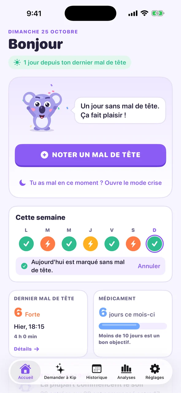 Écran d'accueil de Headache Pal avec un bouton Noter un mal de tête et les bilans de la semaine