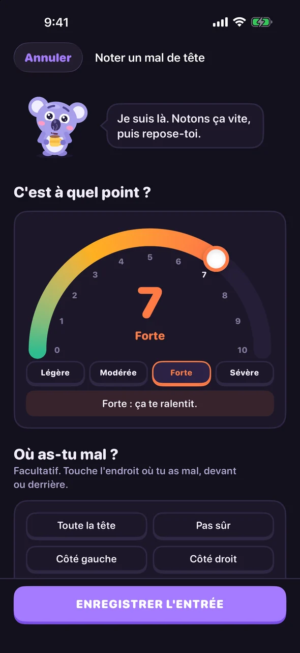 Écran de saisie de Headache Pal avec un cadran de douleur à 7, Forte