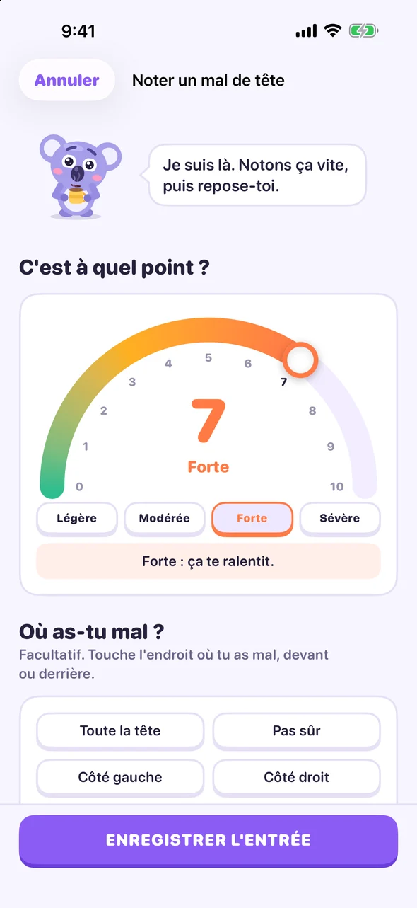 Écran de saisie de Headache Pal avec un cadran de douleur à 7, Forte