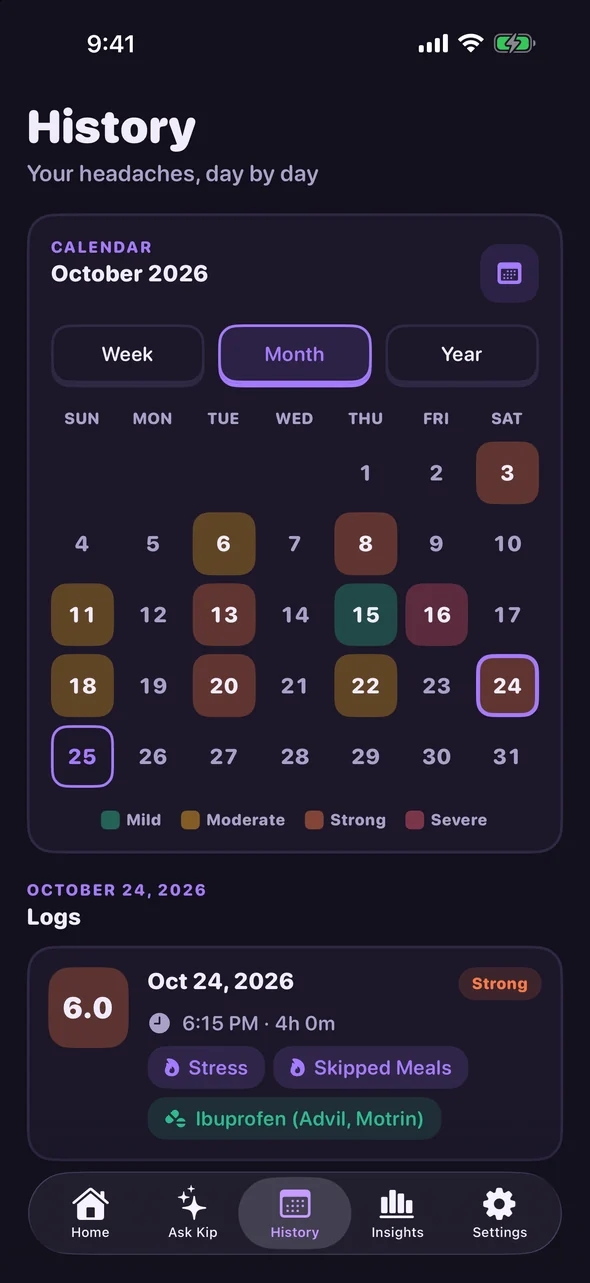 Headache Pal history calendar with headache days marked by strength