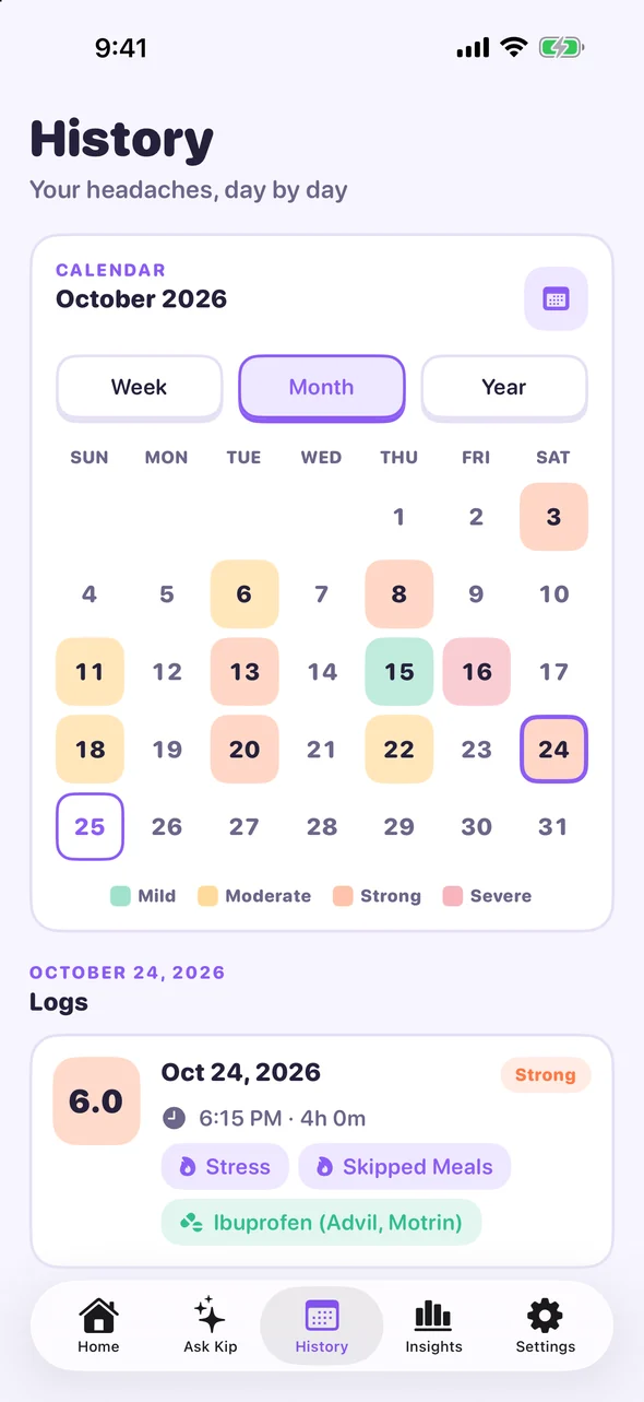 Headache Pal history calendar with headache days marked by strength
