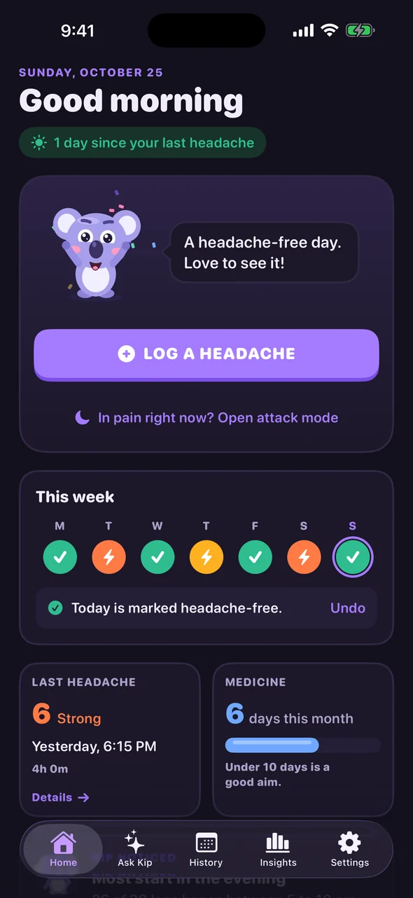 Headache Pal home screen with a Log a headache button and this week's check-ins