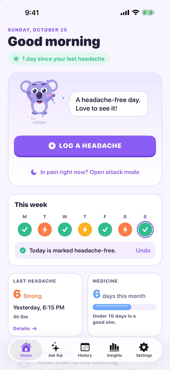 Headache Pal home screen with a Log a headache button and this week's check-ins