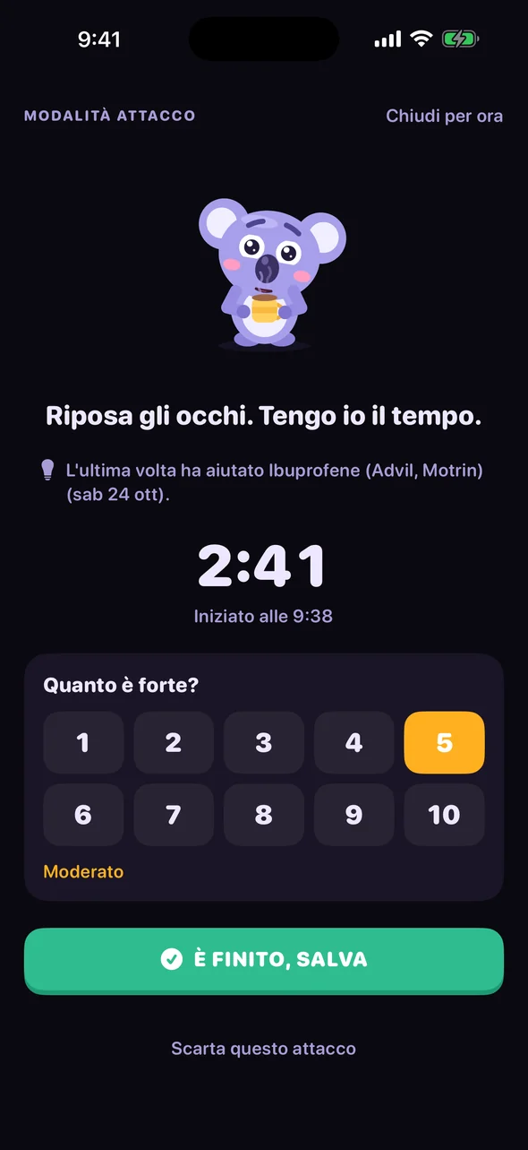 Modalità attacco di Headache Pal: una schermata scura con un timer e una scala del dolore