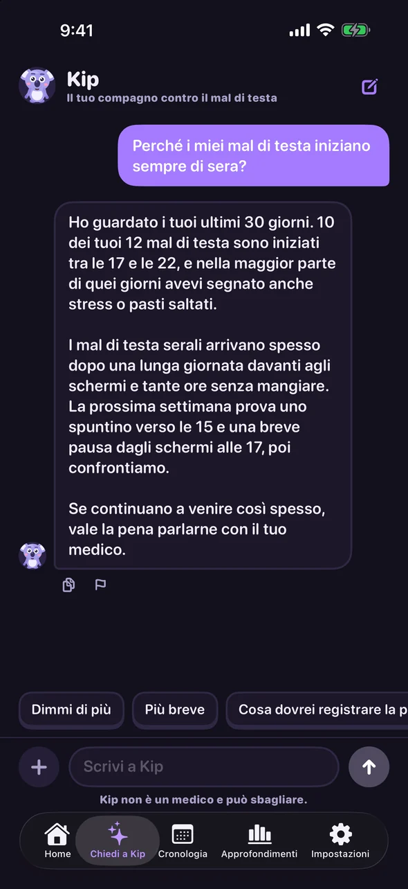 Chat con Kip sul perché i mal di testa iniziano la sera
