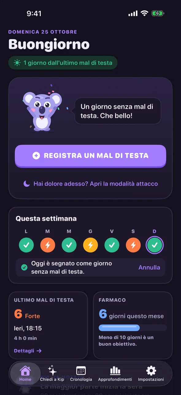 Schermata Home di Headache Pal con il pulsante Registra un mal di testa e i check-in di questa settimana