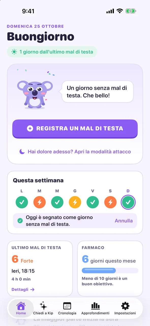 Schermata Home di Headache Pal con il pulsante Registra un mal di testa e i check-in di questa settimana