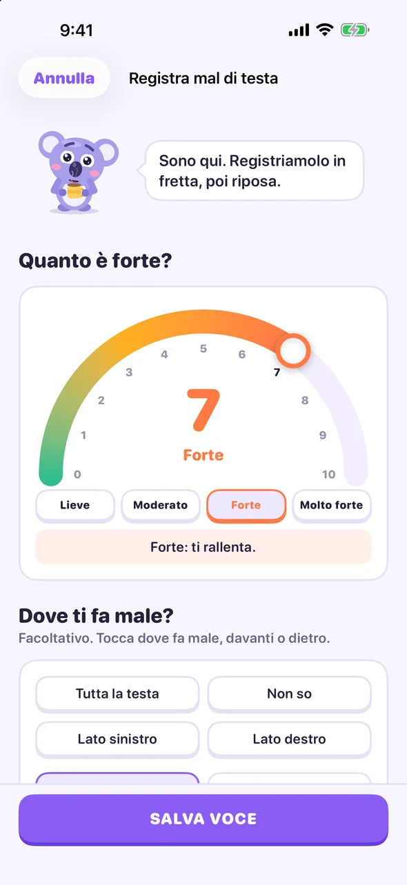 Schermata di registrazione di Headache Pal con la rotella del dolore su 7, Forte