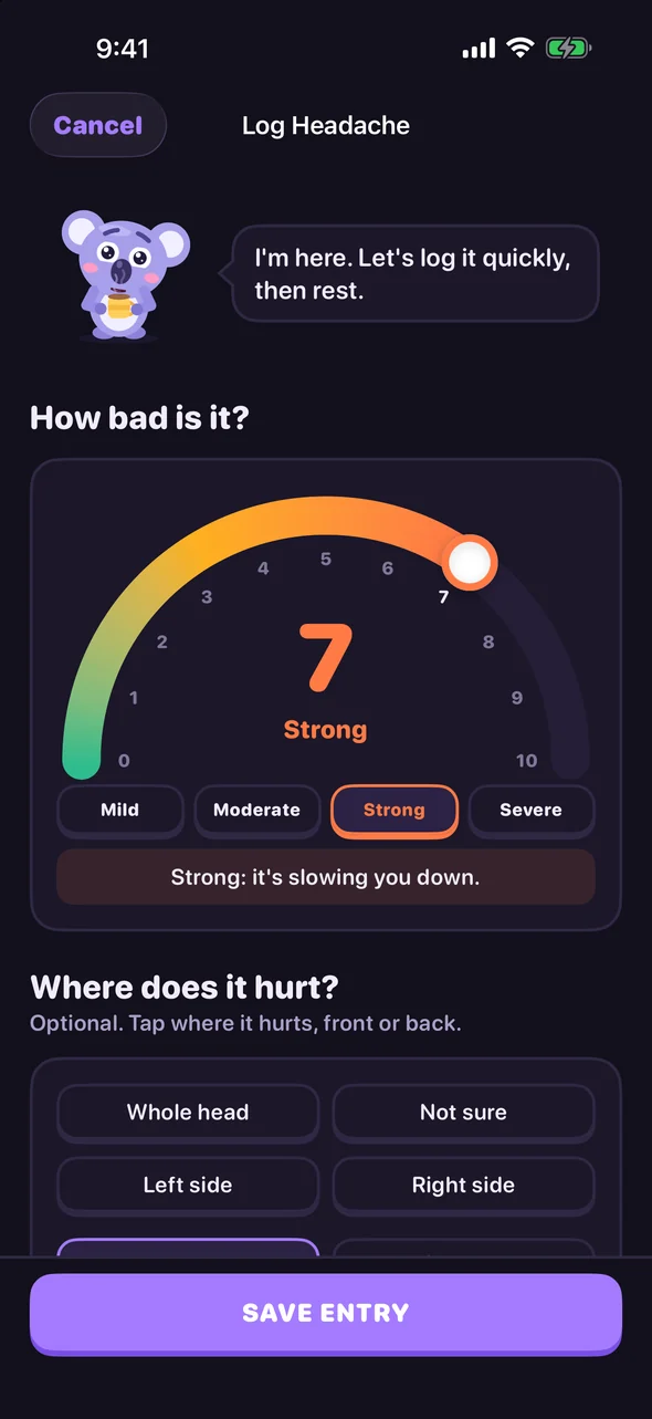 Headache Pal log screen with a pain dial set to 7, Strong