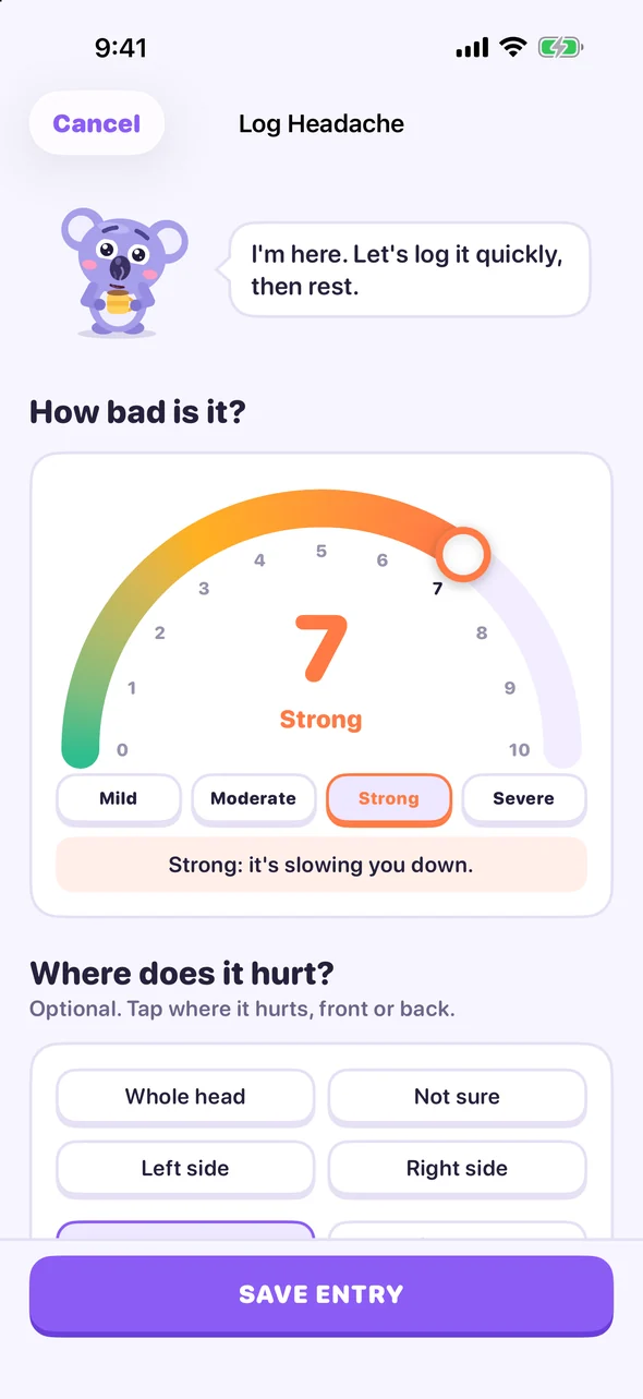 Headache Pal log screen with a pain dial set to 7, Strong