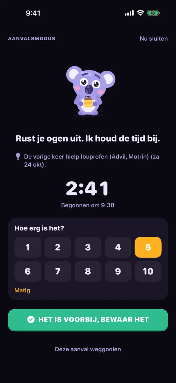 Aanvalsmodus in Headache Pal: een donker scherm met een timer en een pijnschaal