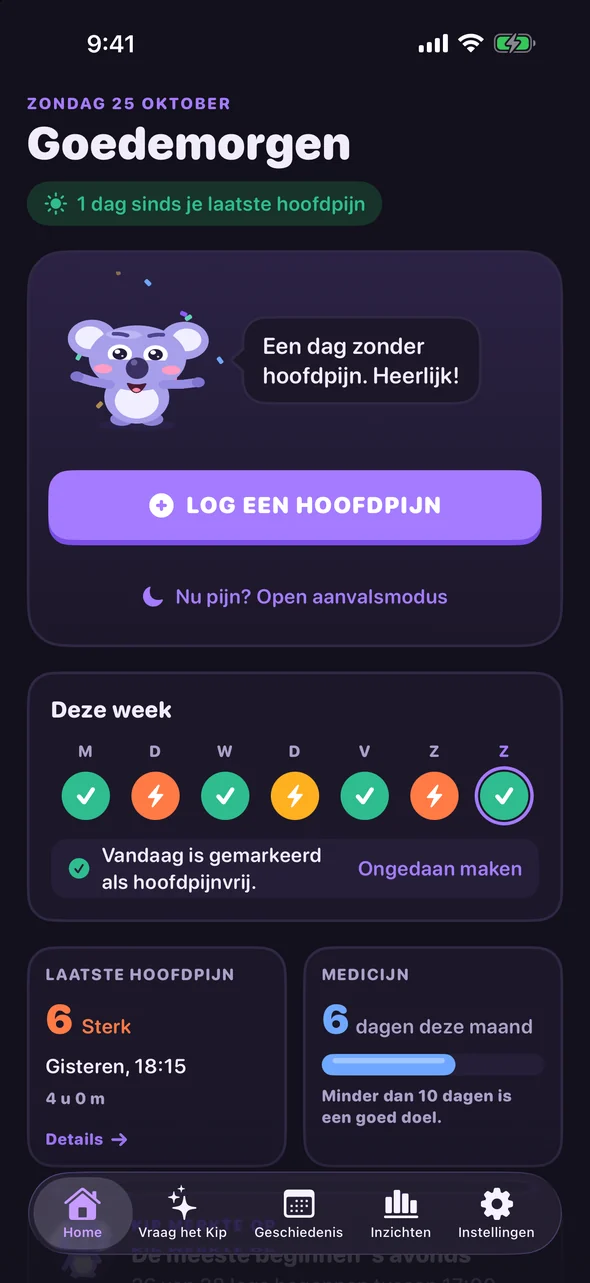 Beginscherm van Headache Pal met een knop Log een hoofdpijn en de check-ins van deze week