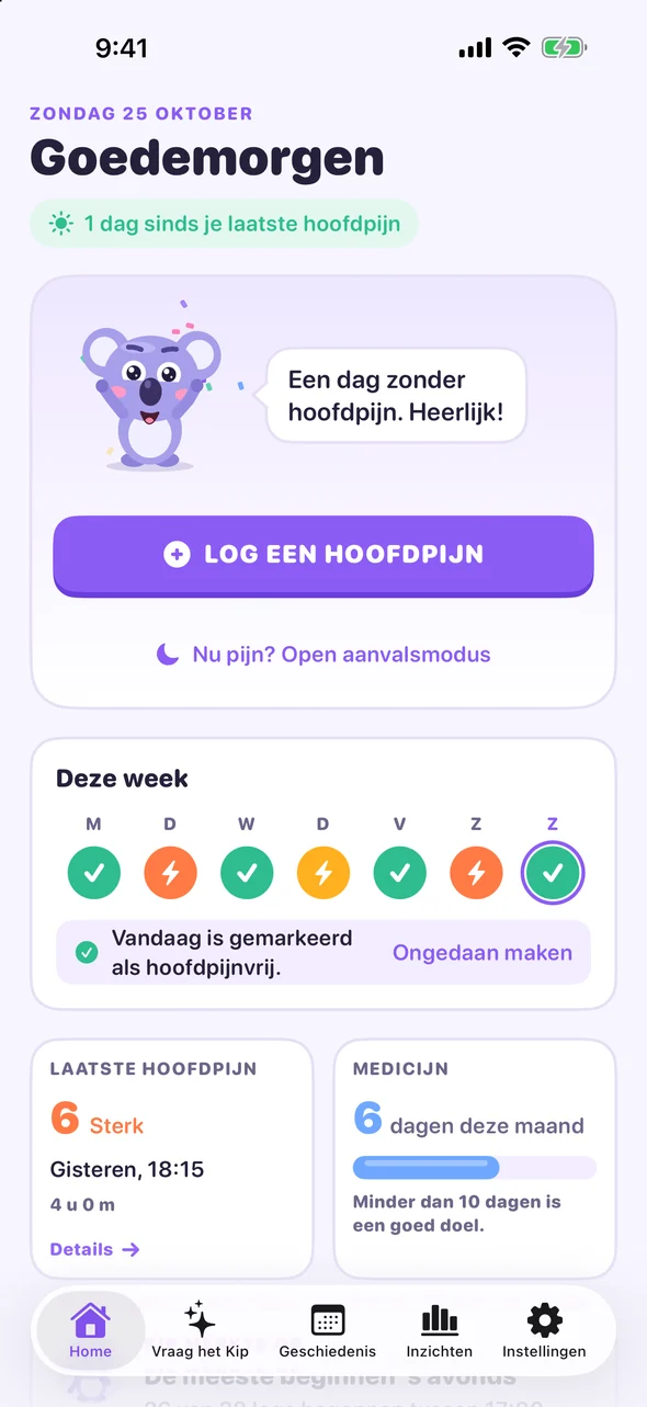 Beginscherm van Headache Pal met een knop Log een hoofdpijn en de check-ins van deze week