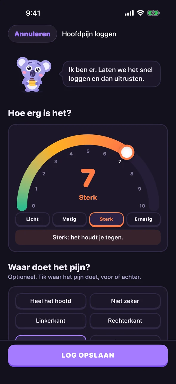 Het logscherm van Headache Pal met een pijnschaal op 7, Sterk