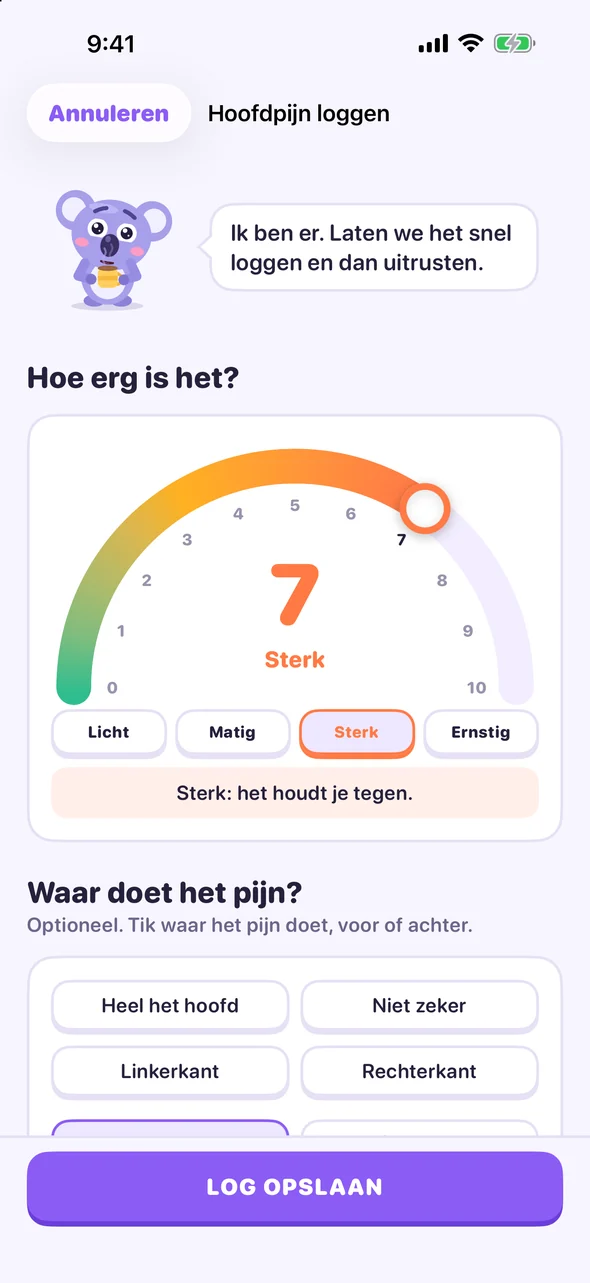 Het logscherm van Headache Pal met een pijnschaal op 7, Sterk