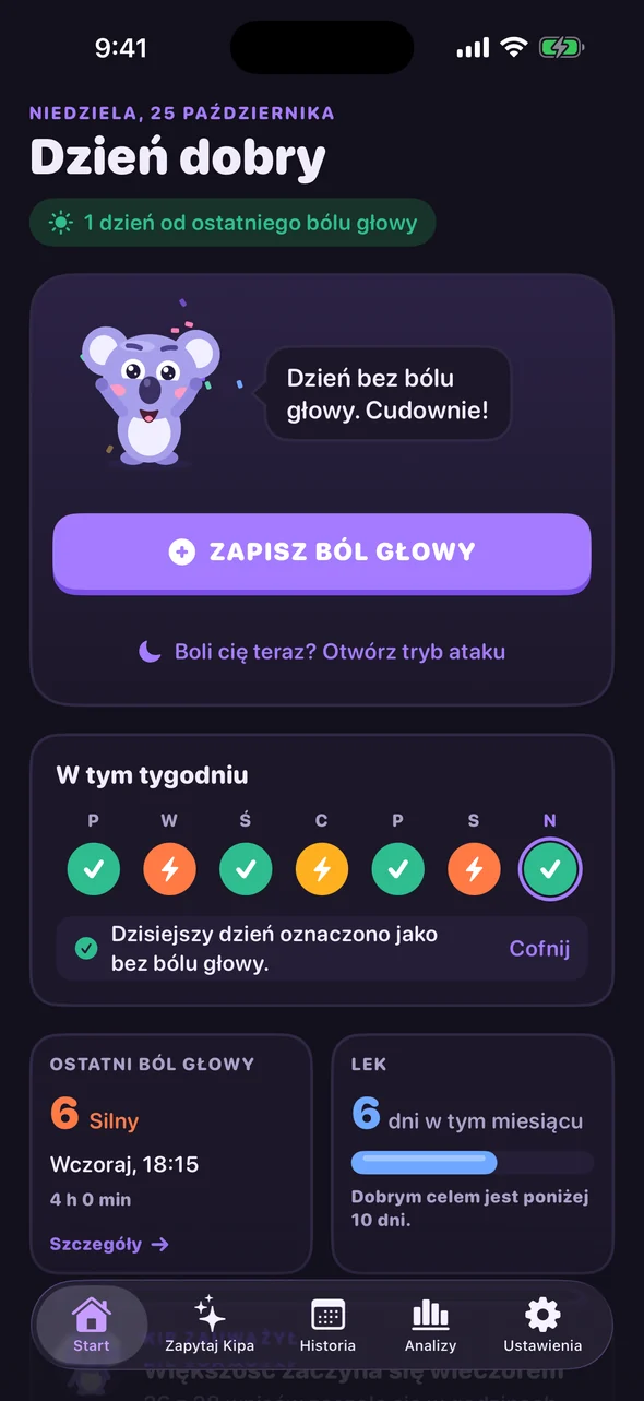 Ekran Start w Headache Pal z przyciskiem Zapisz ból głowy i wpisami z tego tygodnia