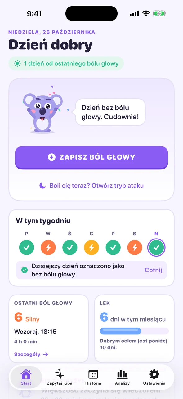 Ekran Start w Headache Pal z przyciskiem Zapisz ból głowy i wpisami z tego tygodnia