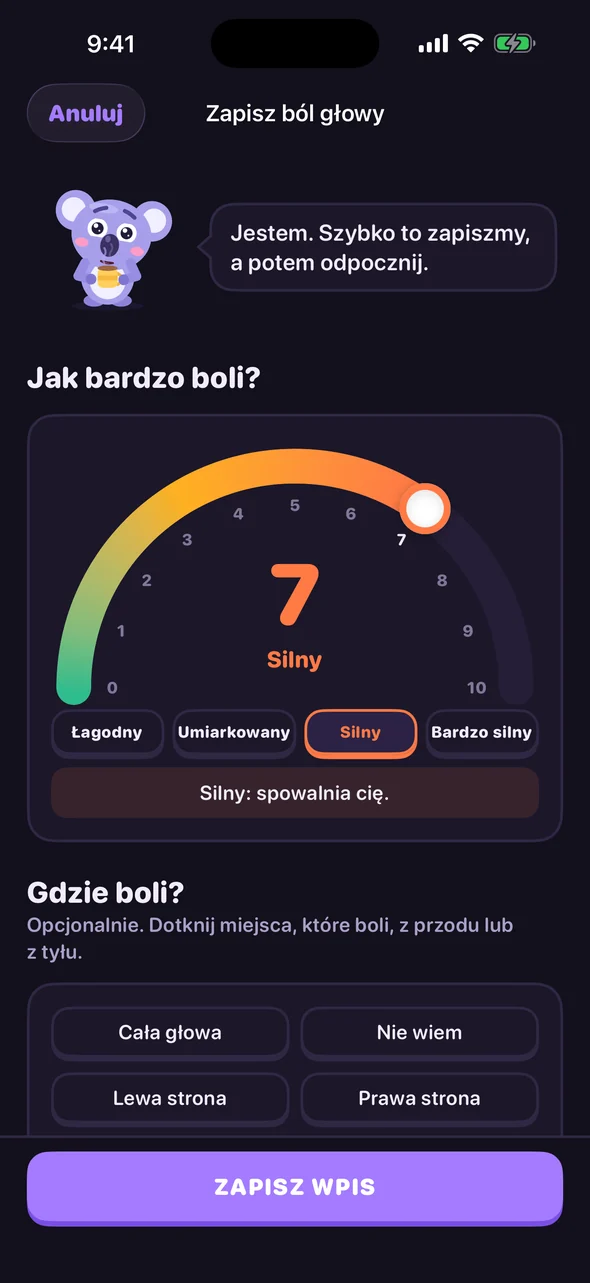 Ekran zapisu w Headache Pal z pokrętłem bólu ustawionym na 7, Silny