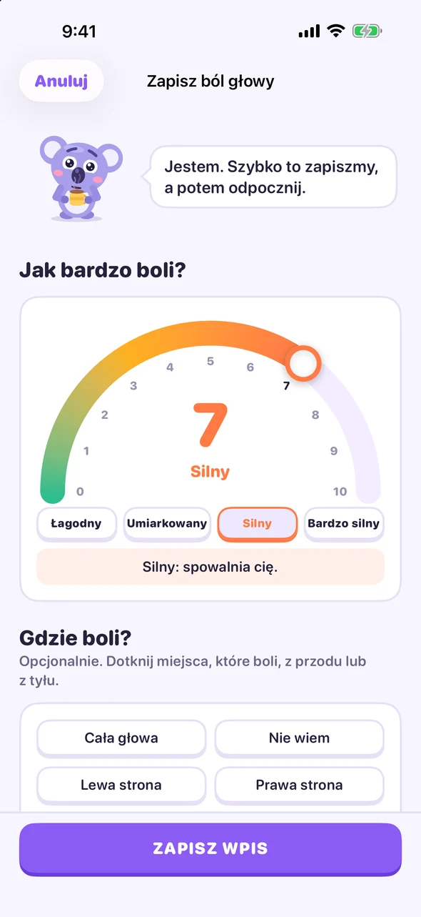Ekran zapisu w Headache Pal z pokrętłem bólu ustawionym na 7, Silny