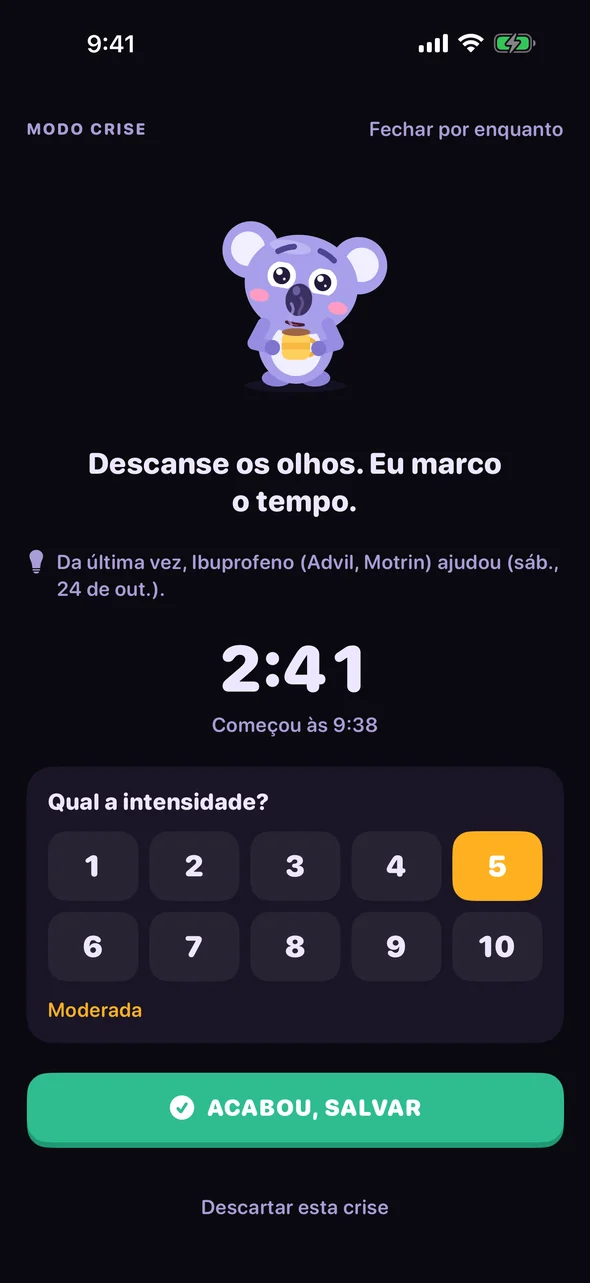 Modo crise do Headache Pal: uma tela escura com um cronômetro e uma escala de dor