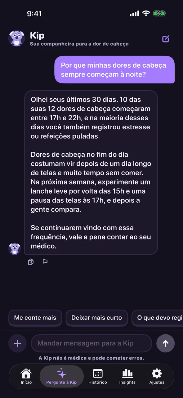 Conversa com a Kip sobre por que as dores de cabeça começam no fim do dia