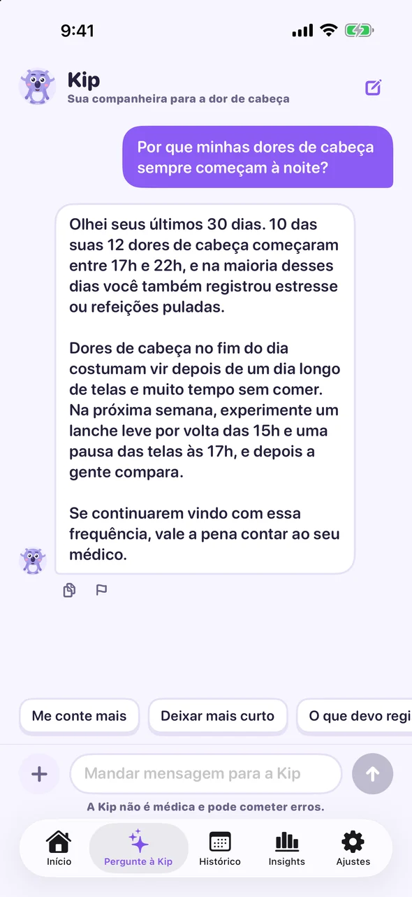 Conversa com a Kip sobre por que as dores de cabeça começam no fim do dia