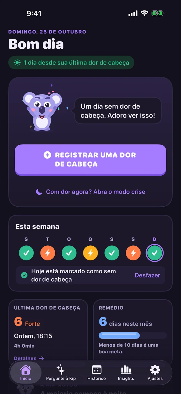 Tela Início do Headache Pal com o botão Registrar uma dor de cabeça e os check-ins desta semana
