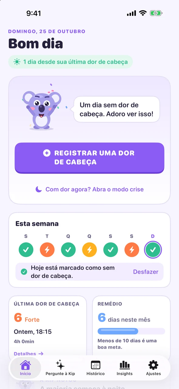 Tela Início do Headache Pal com o botão Registrar uma dor de cabeça e os check-ins desta semana