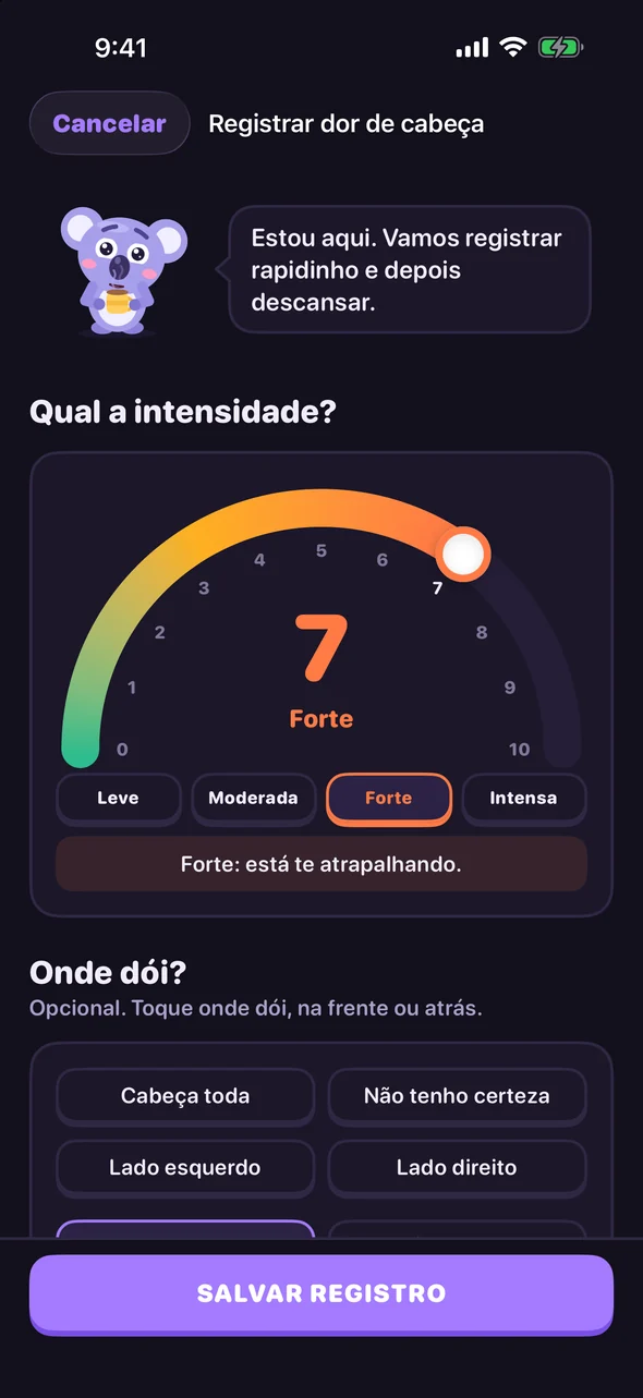 Tela de registro do Headache Pal com o seletor de dor em 7, Forte