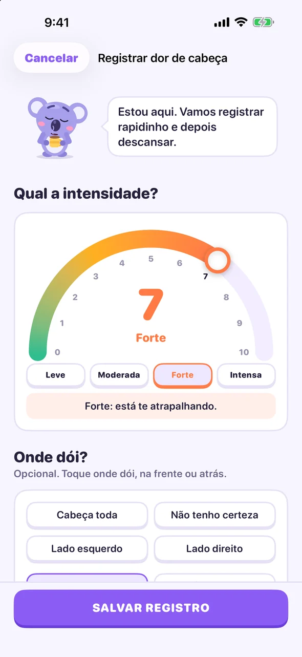 Tela de registro do Headache Pal com o seletor de dor em 7, Forte